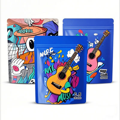 چاپ سفارشی 3.5g ورق آلومینیوم مایلار کیف های ایستاده ضد بوی قابل باز کردن Ziplock کیسه های بسته بندی مواد غذایی طراحی برش