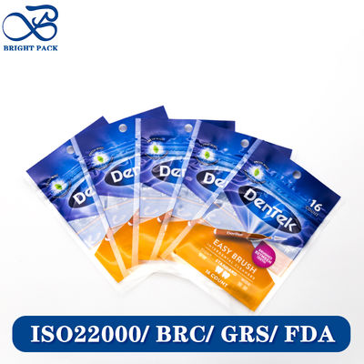 کیسه بسته‌بندی سه طرفه با گیج نازک برای بسته‌بندی نخ دندان با چاپ برند سفارشی و طراحی سوراخ آویز.