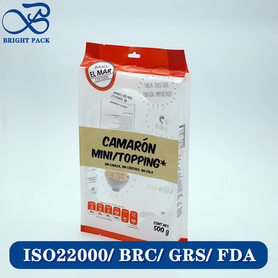 کیسه بسته‌بندی غذای دریایی منجمد با چاپ سفارشی، کیسه گاست‌دار با پنجره شفاف و مواد کامپوزیت ضد رطوبت.